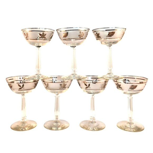 Mid Century Libbey Glass Silver Leaf Champagne Coupe Glasses Cocktail/Martini Ba - Picture 1 of 15